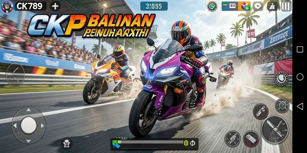 Screenshot CK789 menampilkan aksi balapan motor yang mendebarkan.