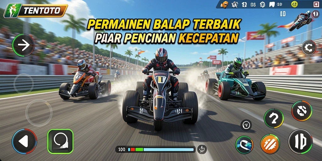 Screenshot utama TENTOTO menampilkan aksi balap yang intens.